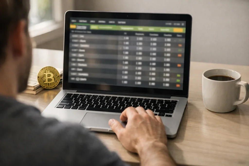 Beste Bitcoin-Wettanbieter 2026 — Laptop mit Sportwetten-Vergleich und BTC-Symbol