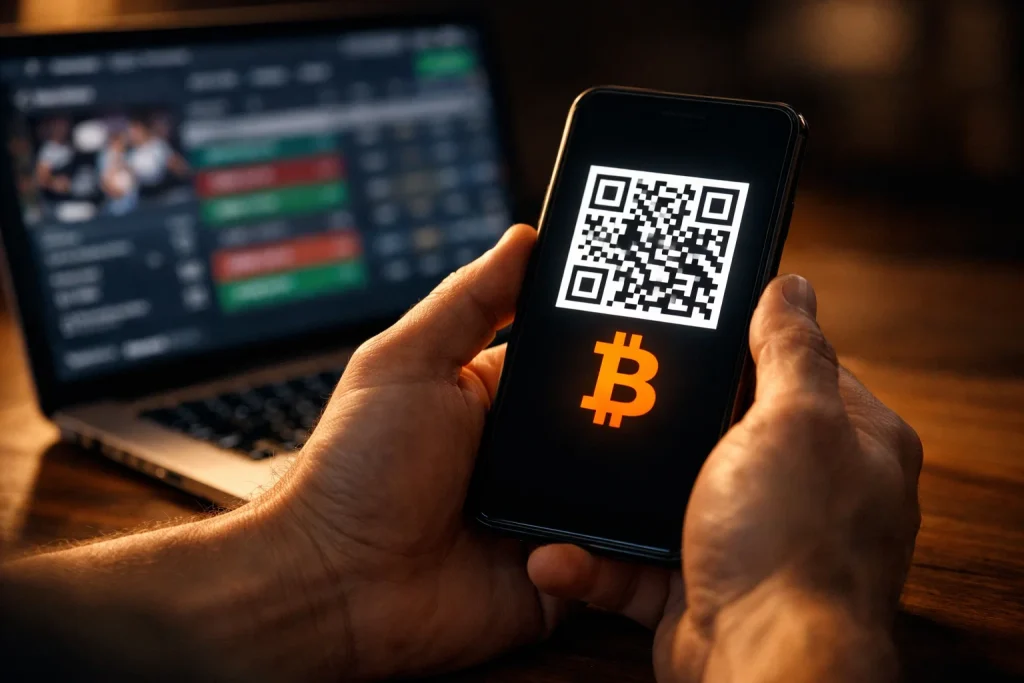 Bitcoin-Einzahlung bei Sportwetten — Smartphone mit QR-Code und Wallet