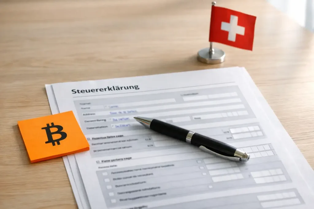 Bitcoin Steuern Sportwetten Schweiz — Steuererklärung mit Krypto-Symbol