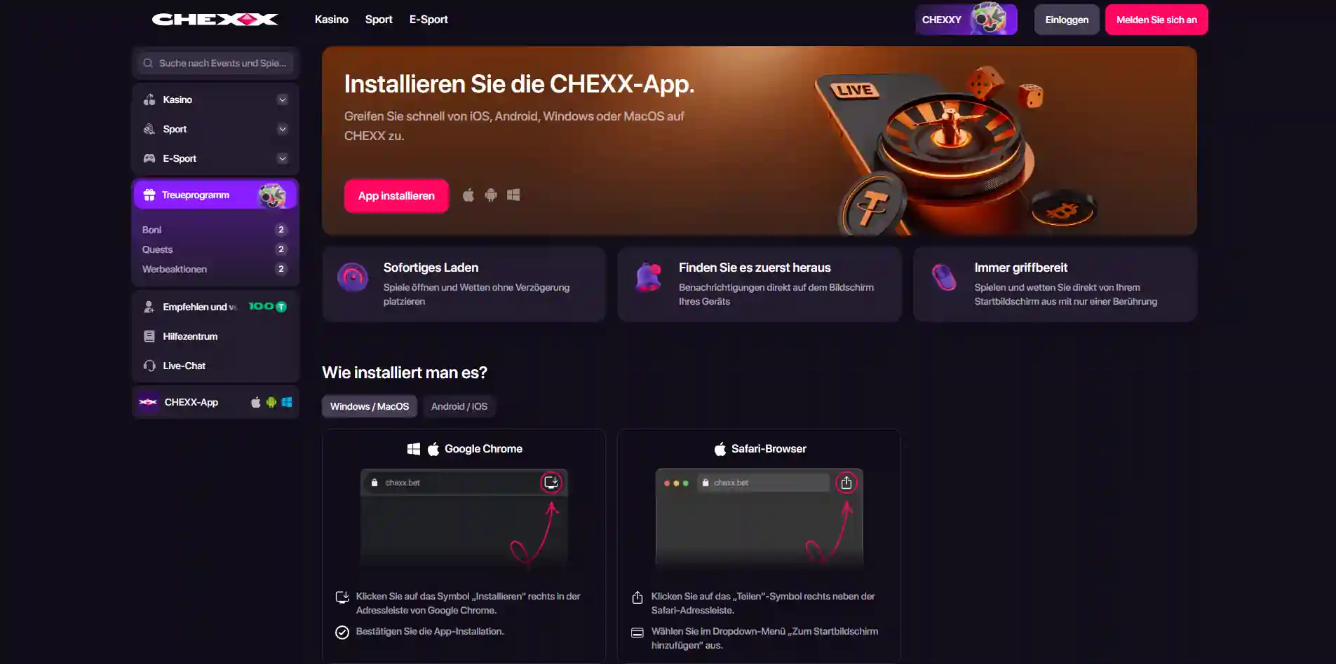 CHEXX PWA-Seite mit Installationsoptionen für unterstützte Geräte