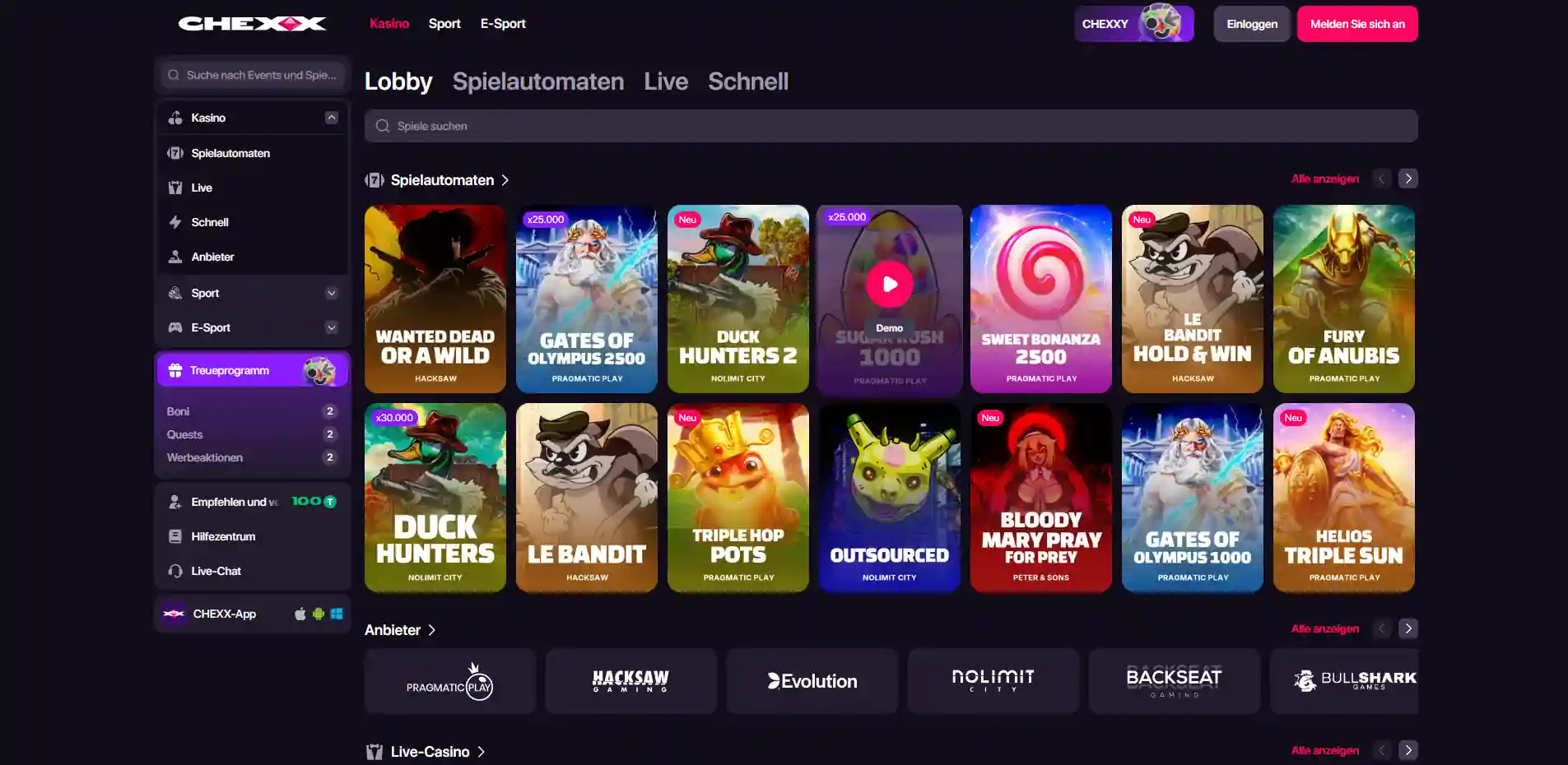 CHEXX Casino-Lobby mit Spielkategorien, Filtern und mehreren Kacheln