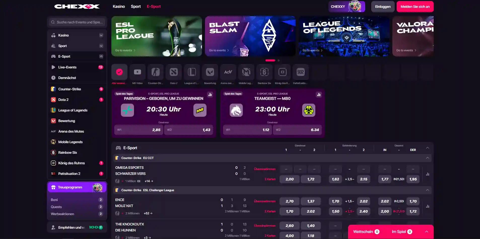 CHEXX Sportbereich mit E-Sport-Disziplinen, Begegnungen und Wettquoten