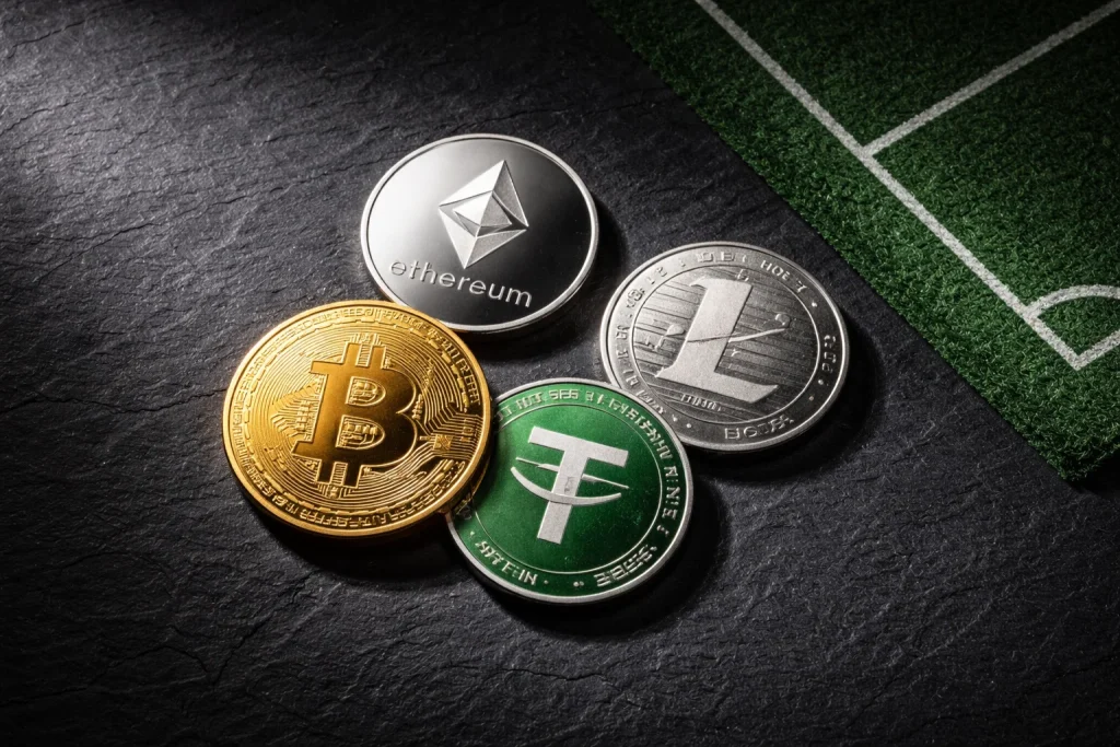 Krypto-Sportwetten — Ethereum-, USDT- und Bitcoin-Münzen auf einem Spielfeld
